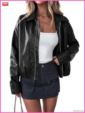 Faux Leather Cropped Motorcycle Jacket Zip Up Collared Fall Coat